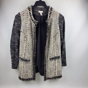 Chicos Women Cardigan Sweater Jacket Lining Open Front Black Tan Chicos 1= Med